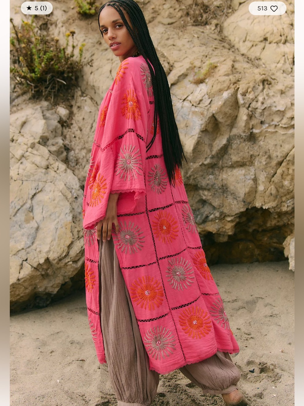 Free People Sunspell Duster Sundial Embroidered Beaded Kimono OS